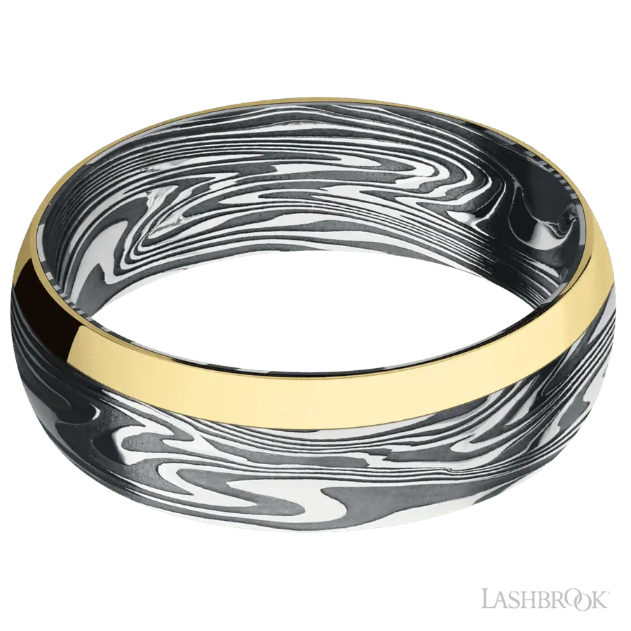 7 mm wide/Domed/Kinetic band with one 2 mm Off Center Edge inlay of 14K Yellow Gold.