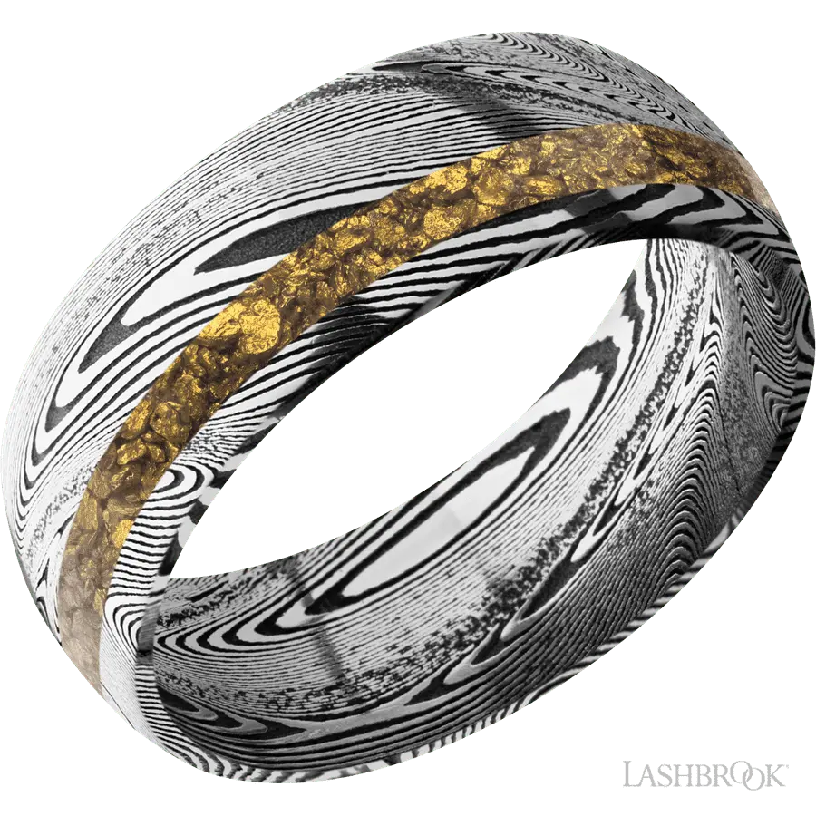 8 mm wide/Domed/Tightweave band with one 2 mm Off Center inlay of Alaskan Gold Nugget.