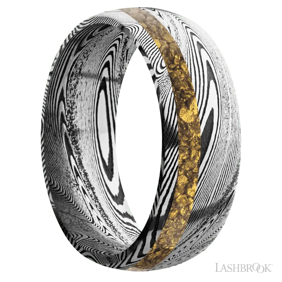 8 mm wide/Domed/Tightweave band with one 2 mm Off Center inlay of Alaskan Gold Nugget.