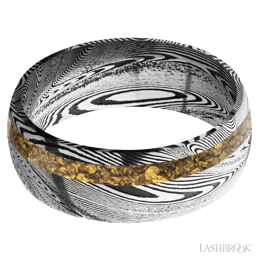8 mm wide/Domed/Tightweave band with one 2 mm Off Center inlay of Alaskan Gold Nugget.