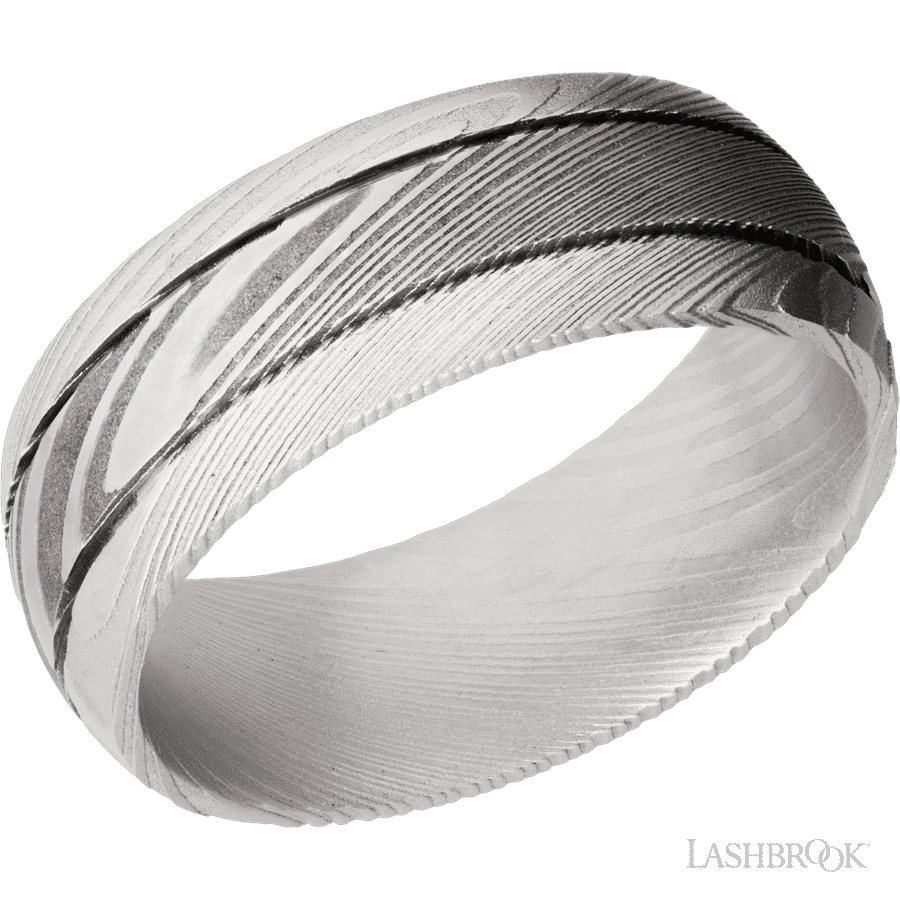 8 mm wide Domed with two accent grooves Damascus band.