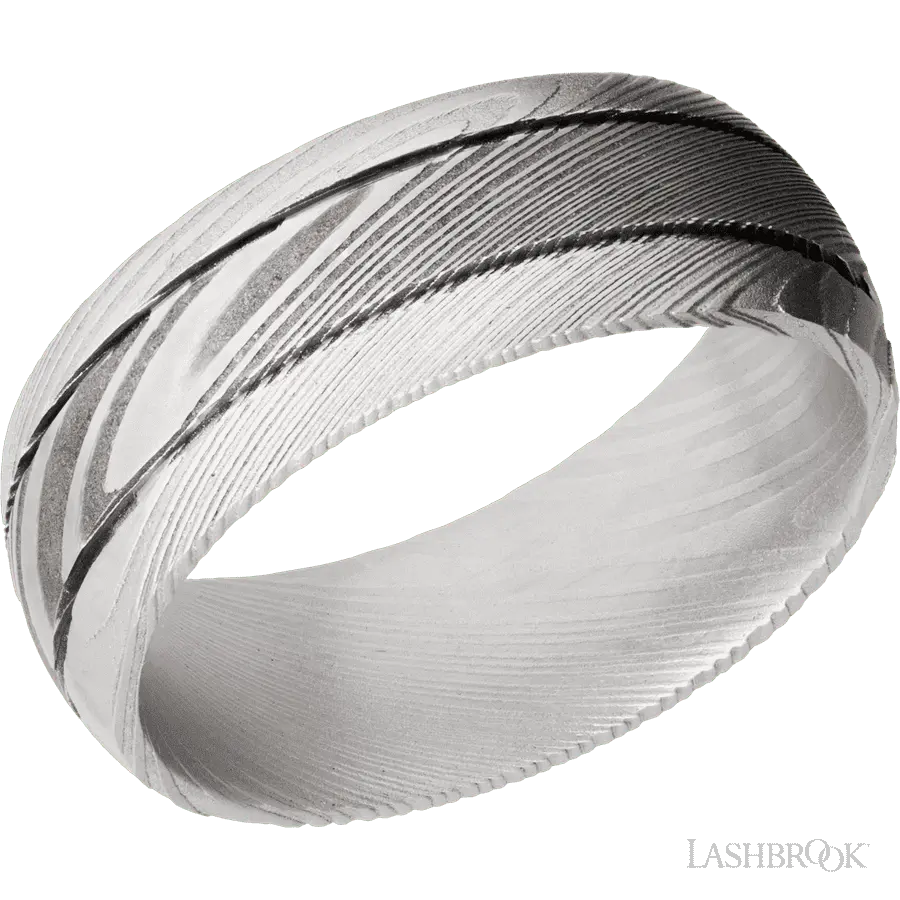 8 mm wide Domed with two accent grooves Damascus band.