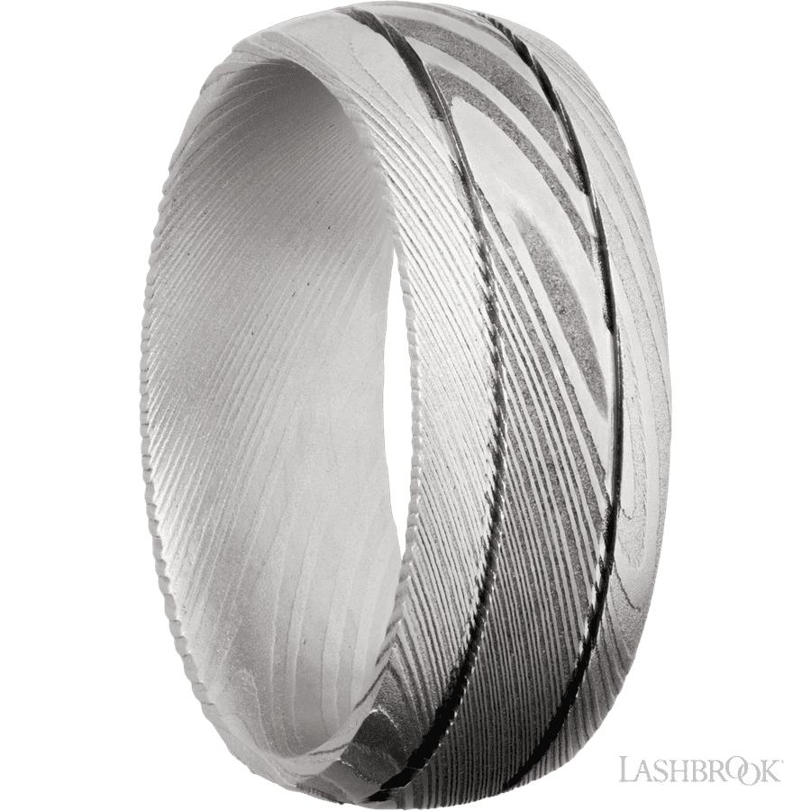8 mm wide Domed with two accent grooves Damascus band.