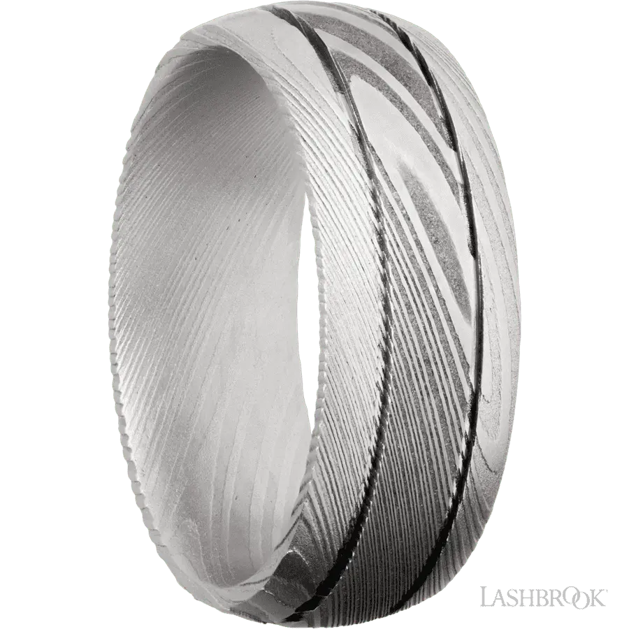 8 mm wide Domed with two accent grooves Damascus band.