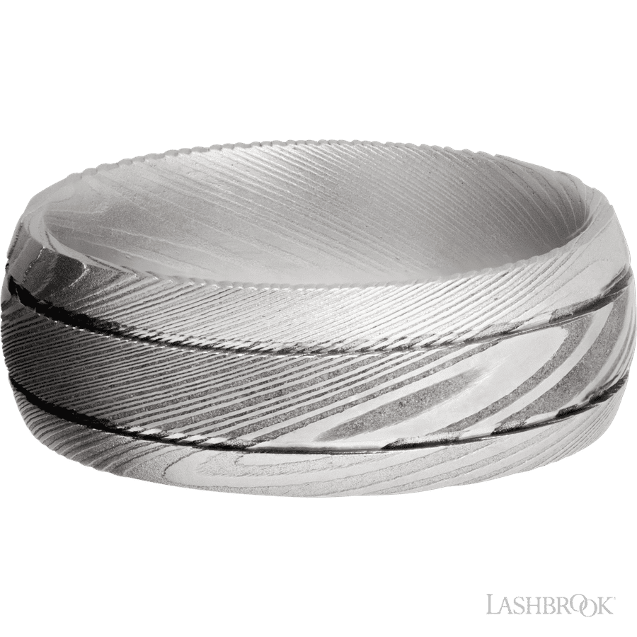 8 mm wide Domed with two accent grooves Damascus band.