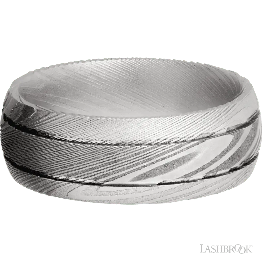 8 mm wide Domed with two accent grooves Damascus band.