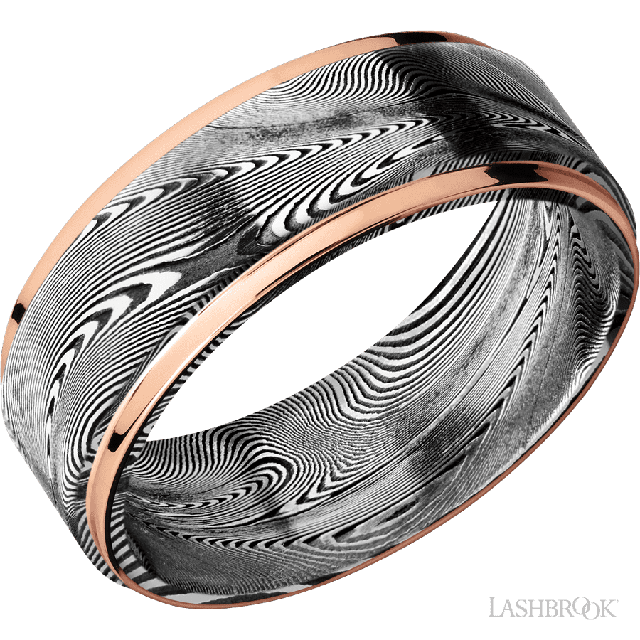 8 mm wide/Flat Grooved Edges/Tightweave band with two 1 mm Edge inlays of 14K Rose Gold.