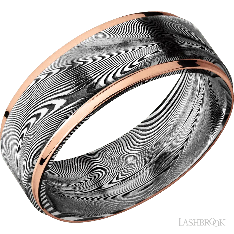 8 mm wide/Flat Grooved Edges/Tightweave band with two 1 mm Edge inlays of 14K Rose Gold.