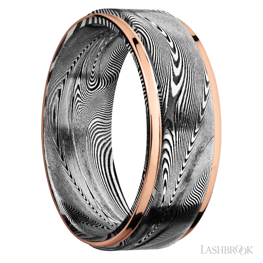 8 mm wide/Flat Grooved Edges/Tightweave band with two 1 mm Edge inlays of 14K Rose Gold.