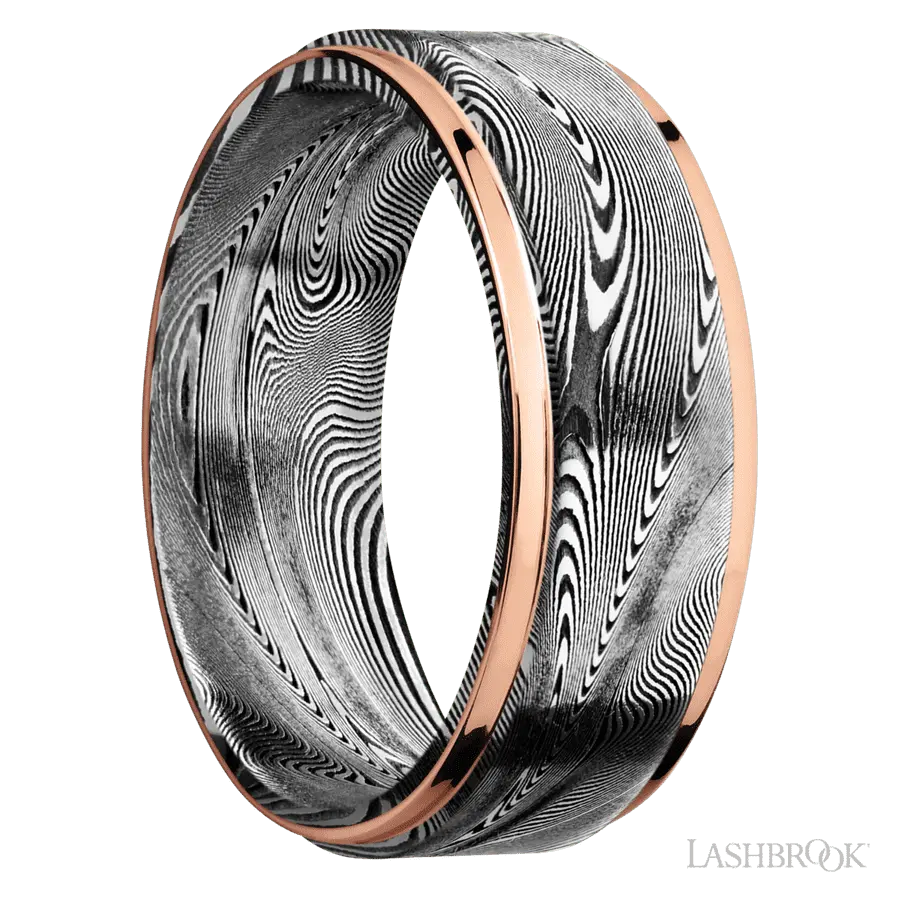 8 mm wide/Flat Grooved Edges/Tightweave band with two 1 mm Edge inlays of 14K Rose Gold.