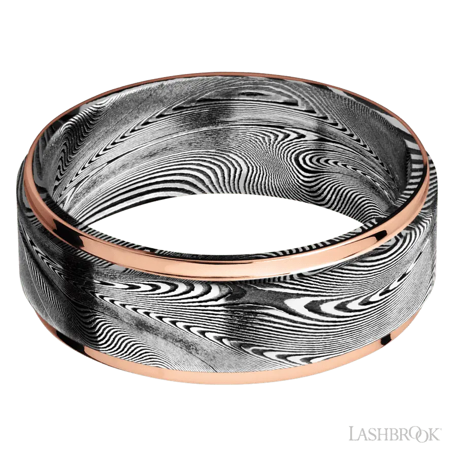 8 mm wide/Flat Grooved Edges/Tightweave band with two 1 mm Edge inlays of 14K Rose Gold.