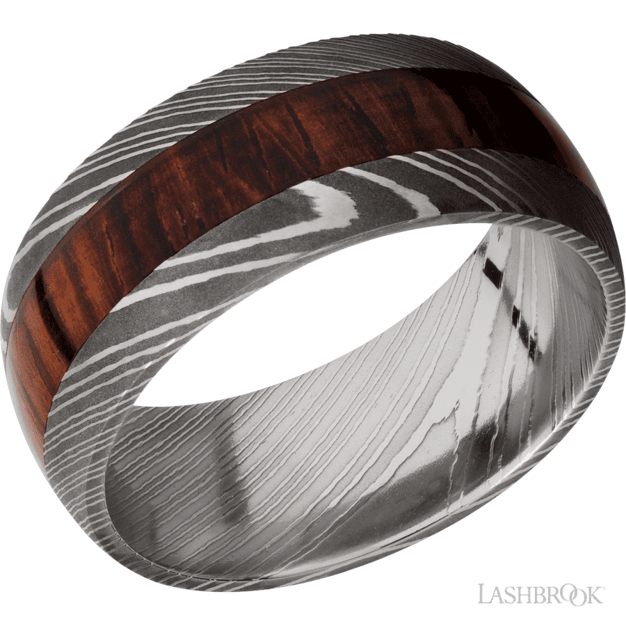 9 mm wide/Domed/Damascus band with one 4 mm Centered inlay of Cocobolo.