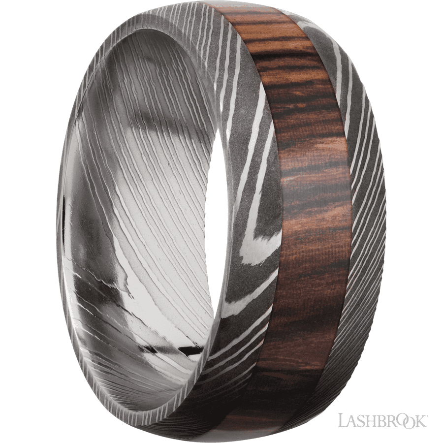 9 mm wide/Domed/Damascus band with one 4 mm Centered inlay of Cocobolo.