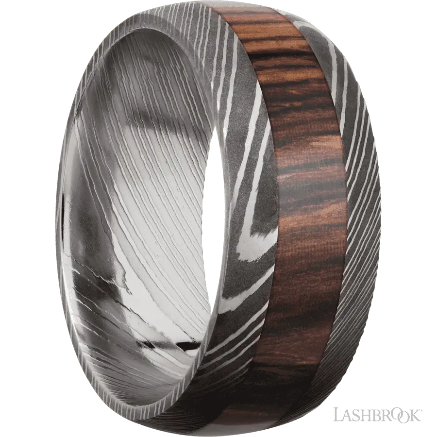 9 mm wide/Domed/Damascus band with one 4 mm Centered inlay of Cocobolo.