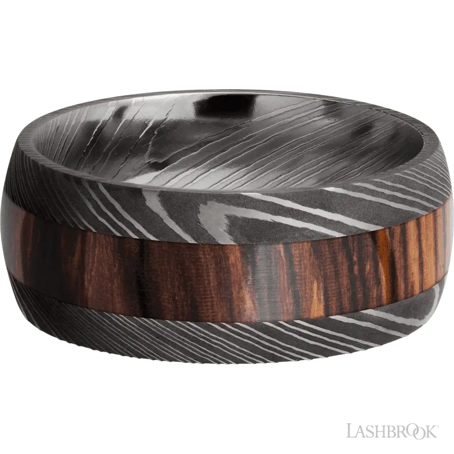 9 mm wide/Domed/Damascus band with one 4 mm Centered inlay of Cocobolo.