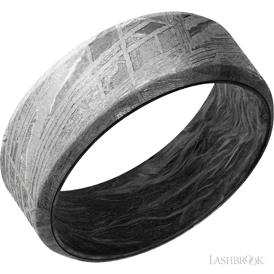 8 mm wide Beveled Meteorite band featuring a Forged Carbon Fiber sleeve.