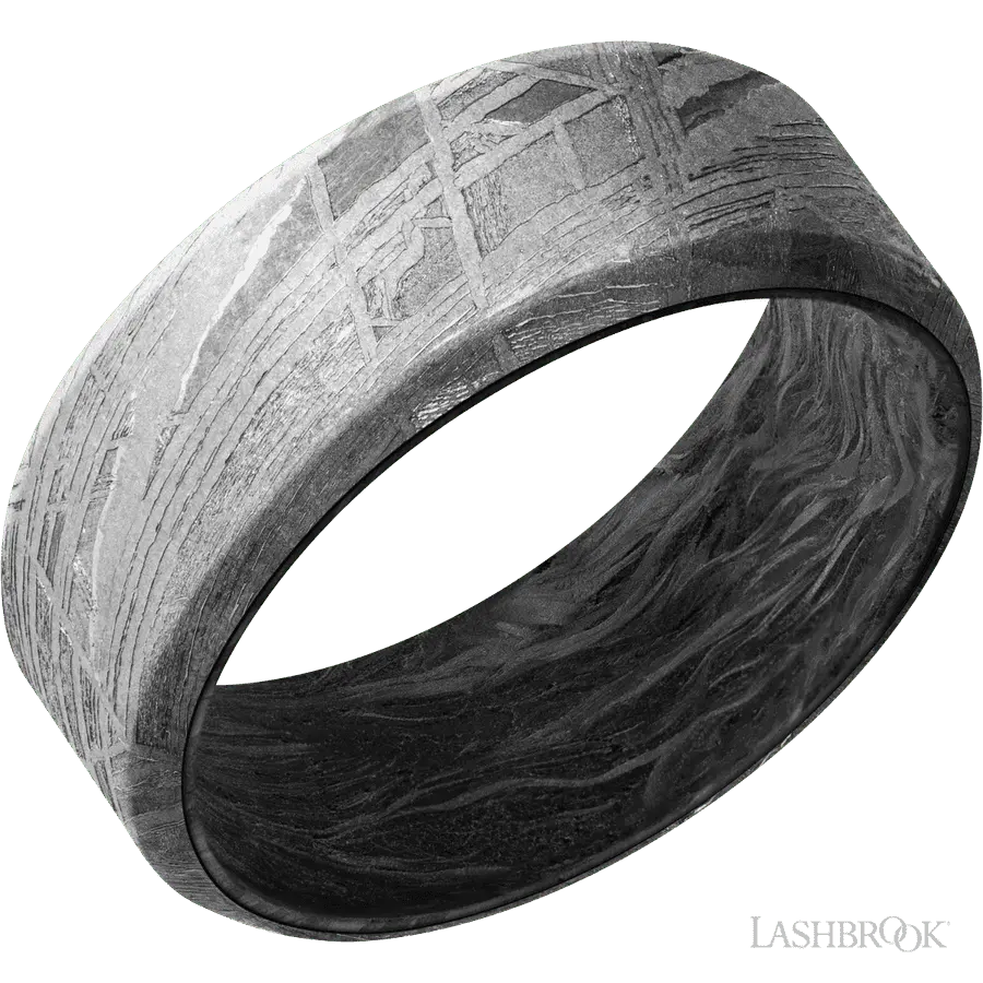 8 mm wide Beveled Meteorite band featuring a Forged Carbon Fiber sleeve.