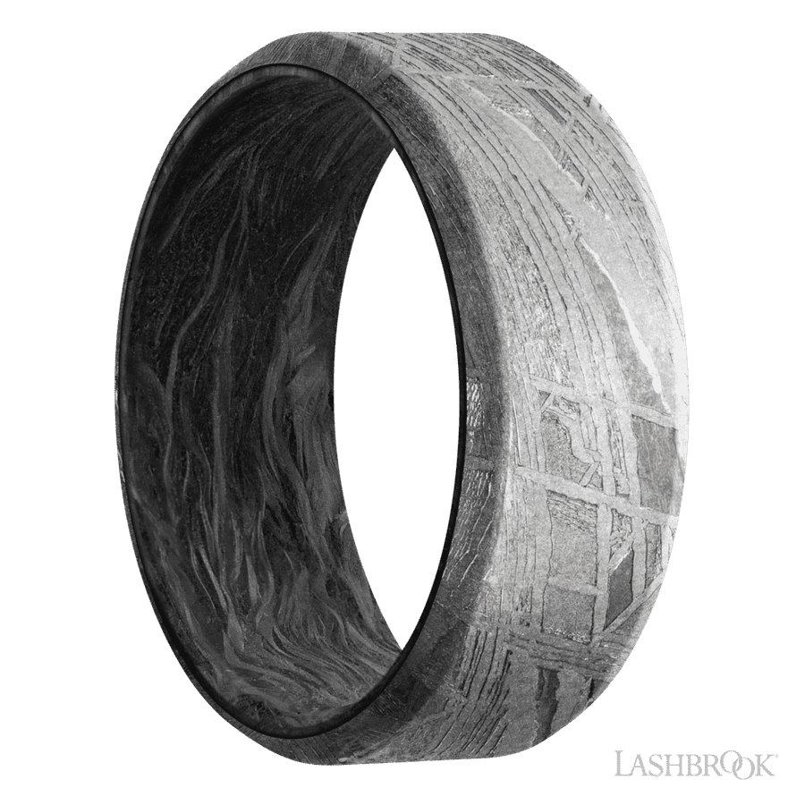8 mm wide Beveled Meteorite band featuring a Forged Carbon Fiber sleeve.