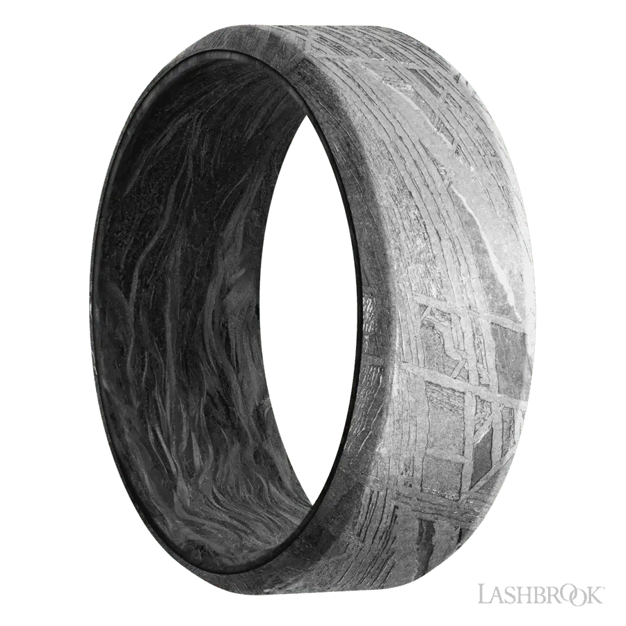 8 mm wide Beveled Meteorite band featuring a Forged Carbon Fiber sleeve.