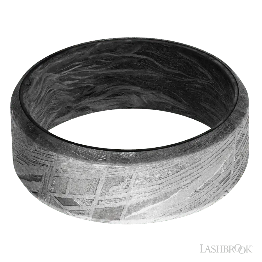 8 mm wide Beveled Meteorite band featuring a Forged Carbon Fiber sleeve.