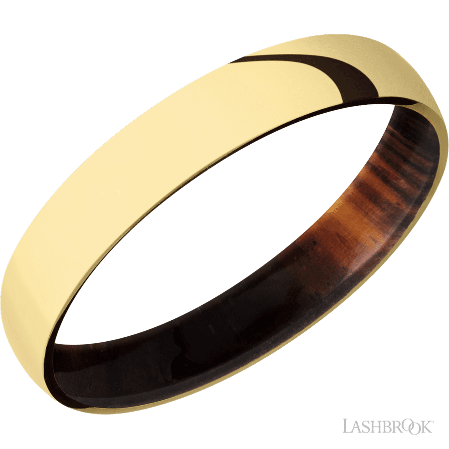 4 mm wide Domed 14K Yellow Gold band featuring a Cocobolo sleeve.