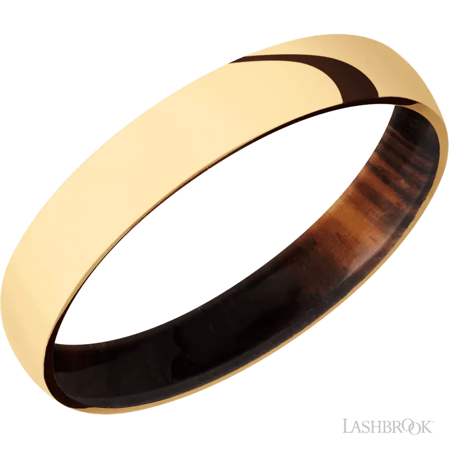 4 mm wide Domed 14K Yellow Gold band featuring a Cocobolo sleeve.