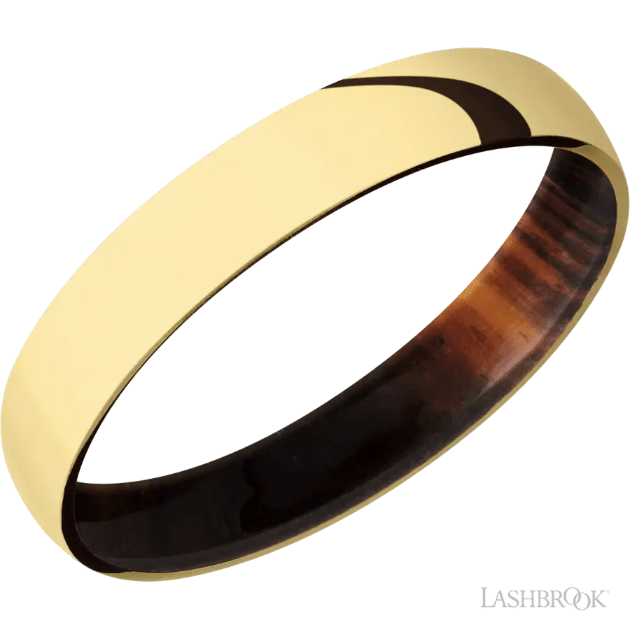 4 mm wide Domed 14K Yellow Gold band featuring a Cocobolo sleeve.