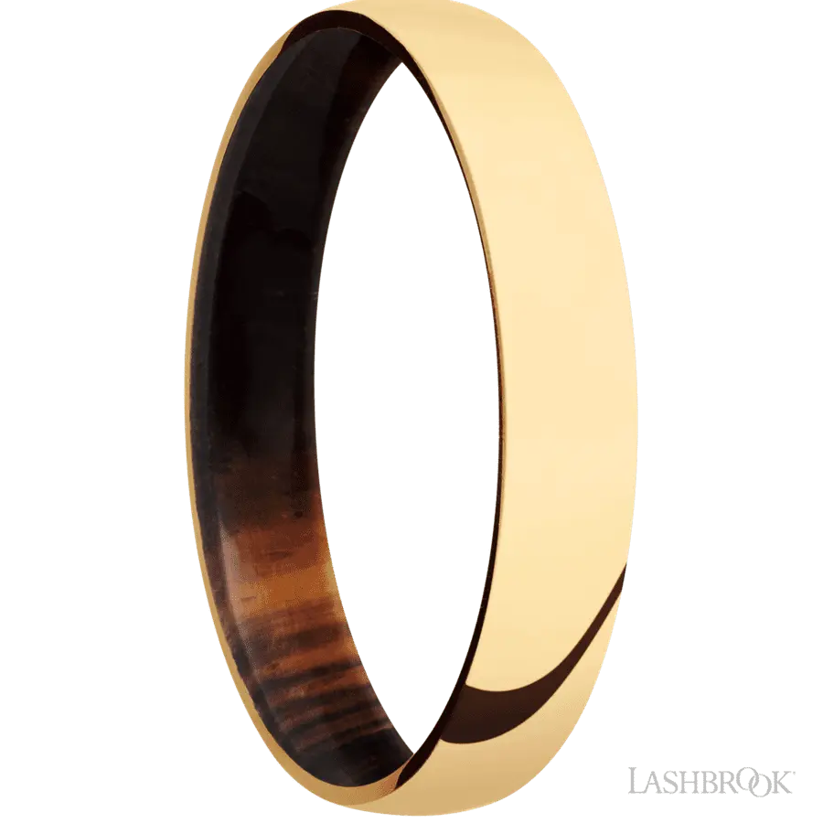 4 mm wide Domed 14K Yellow Gold band featuring a Cocobolo sleeve.