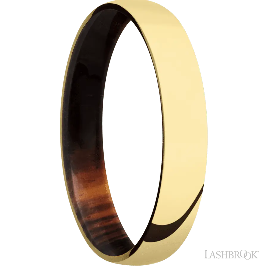 4 mm wide Domed 14K Yellow Gold band featuring a Cocobolo sleeve. Lashbrook