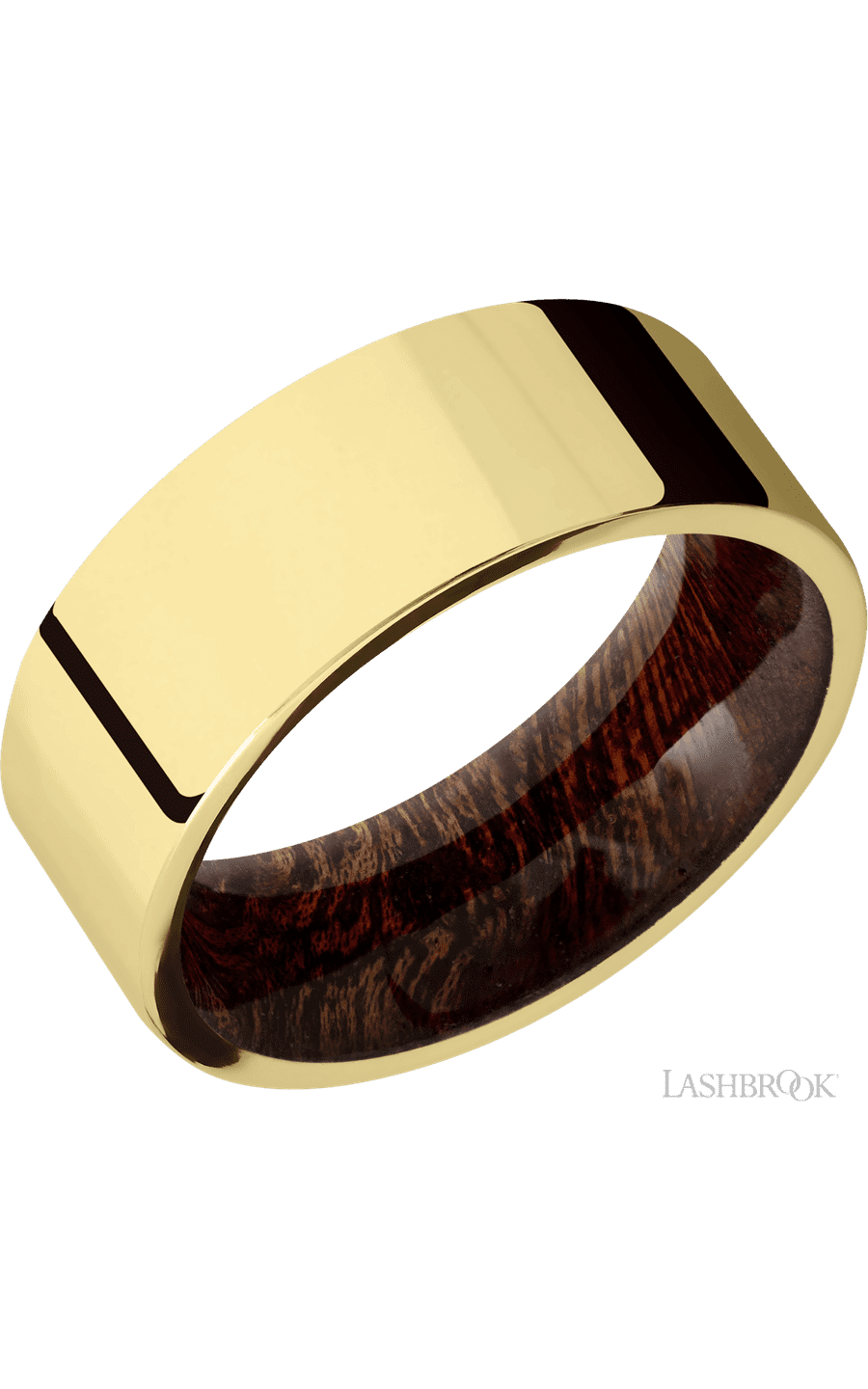 8 mm wide Flat 14K Yellow Gold band featuring a Sapele sleeve.
