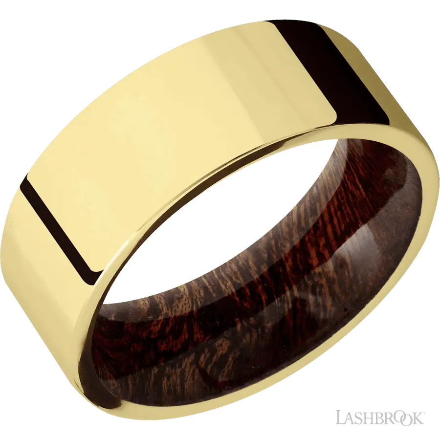 8 mm wide Flat 14K Yellow Gold band featuring a Sapele sleeve.