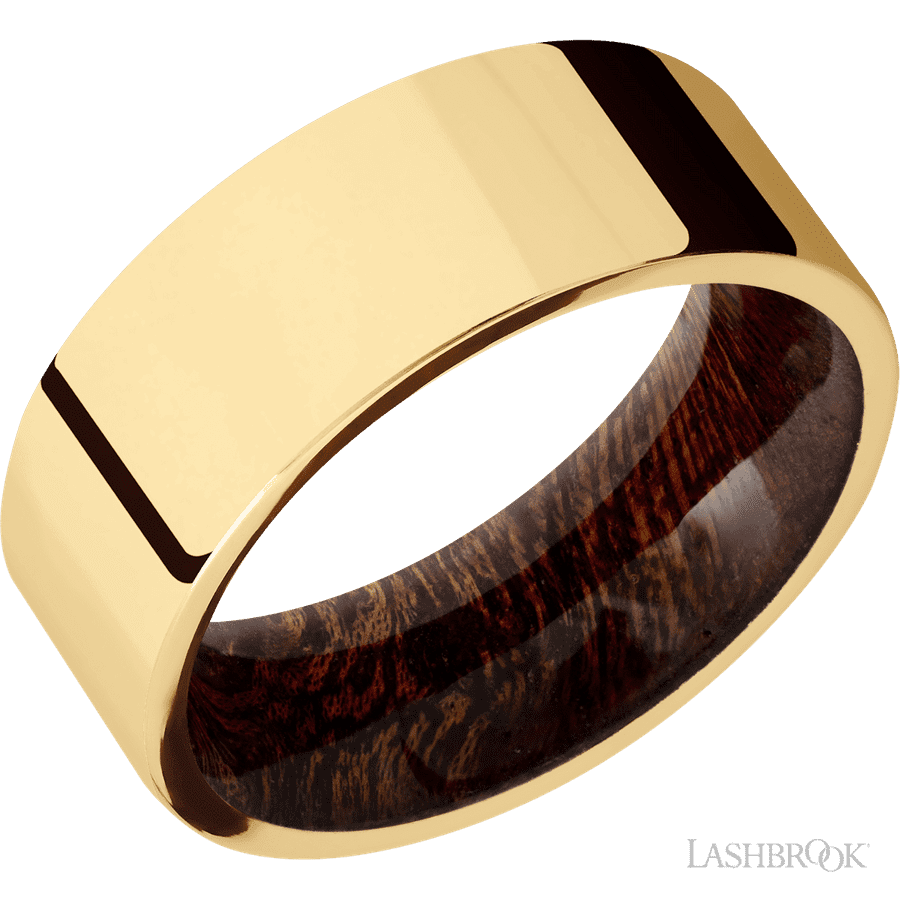 8 mm wide Flat 14K Yellow Gold band featuring a Sapele sleeve.