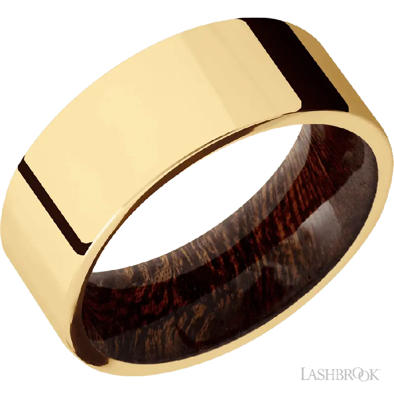 8 mm wide Flat 14K Yellow Gold band featuring a Sapele sleeve.