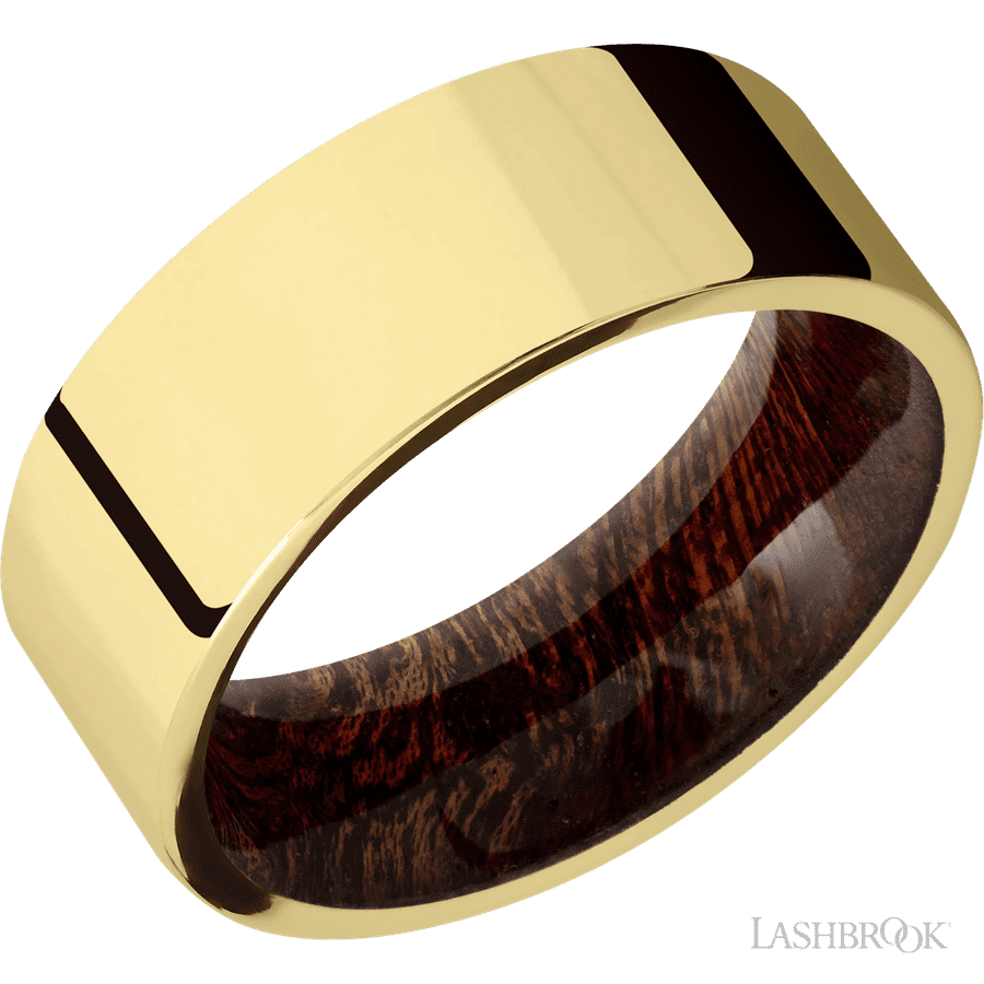 8 mm wide Flat 14K Yellow Gold band featuring a Sapele sleeve.