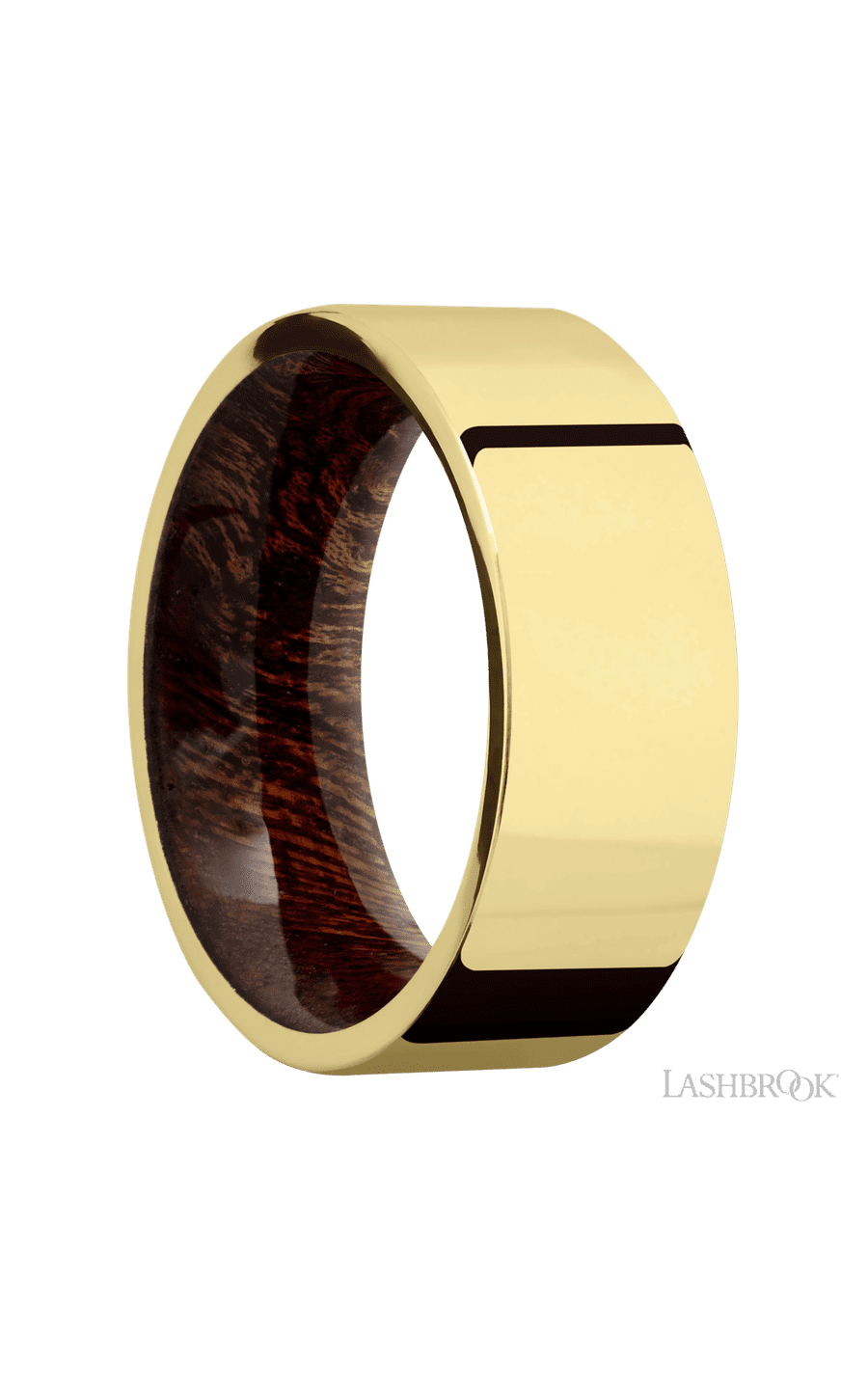 8 mm wide Flat 14K Yellow Gold band featuring a Sapele sleeve.