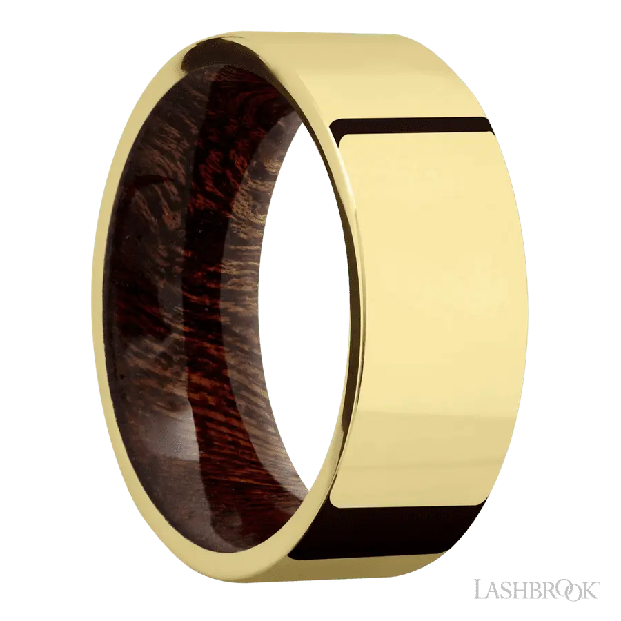 8 mm wide Flat 14K Yellow Gold band featuring a Sapele sleeve. Lashbrook