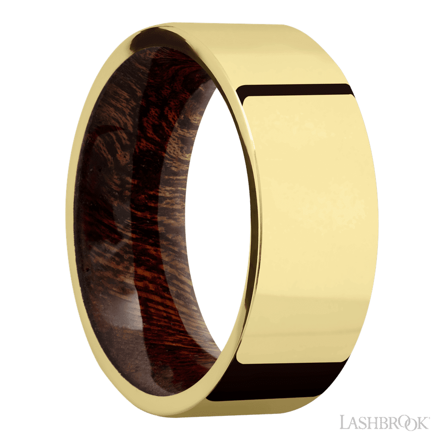 8 mm wide Flat 14K Yellow Gold band featuring a Sapele sleeve.