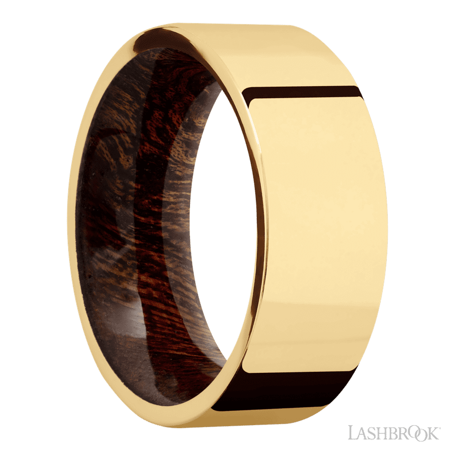 8 mm wide Flat 14K Yellow Gold band featuring a Sapele sleeve.