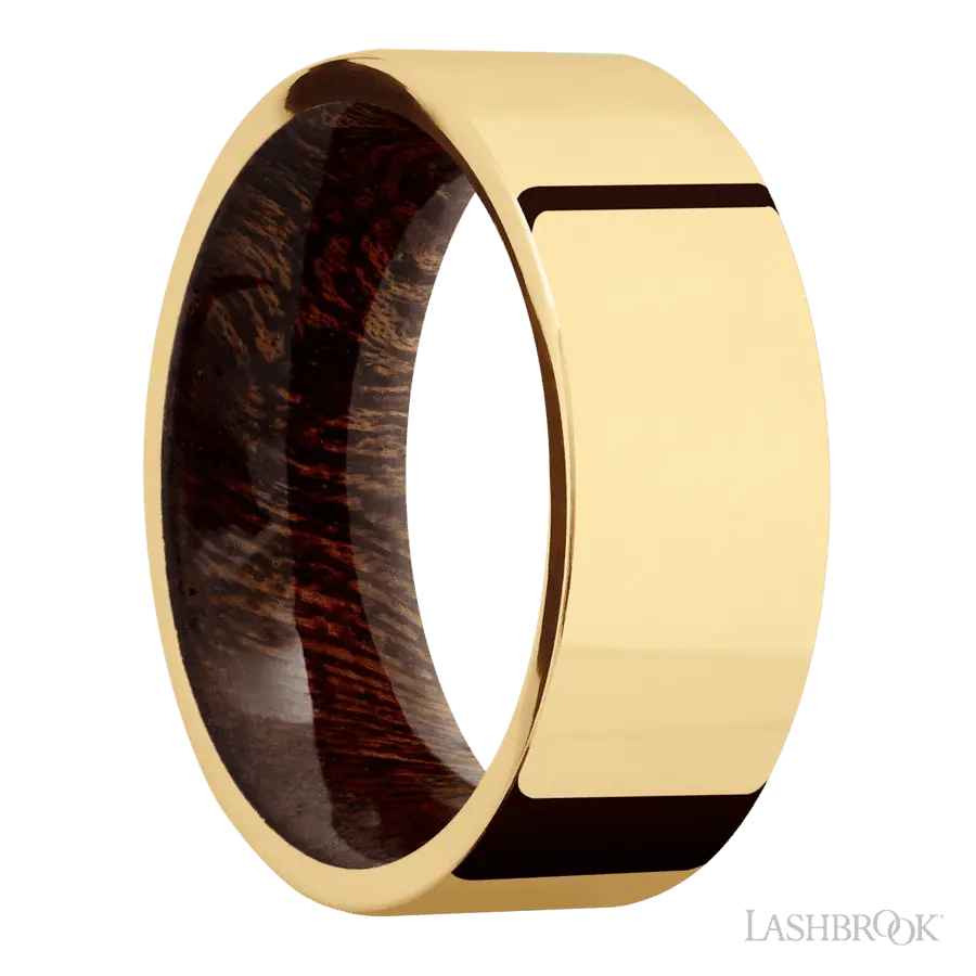 8 mm wide Flat 14K Yellow Gold band featuring a Sapele sleeve.