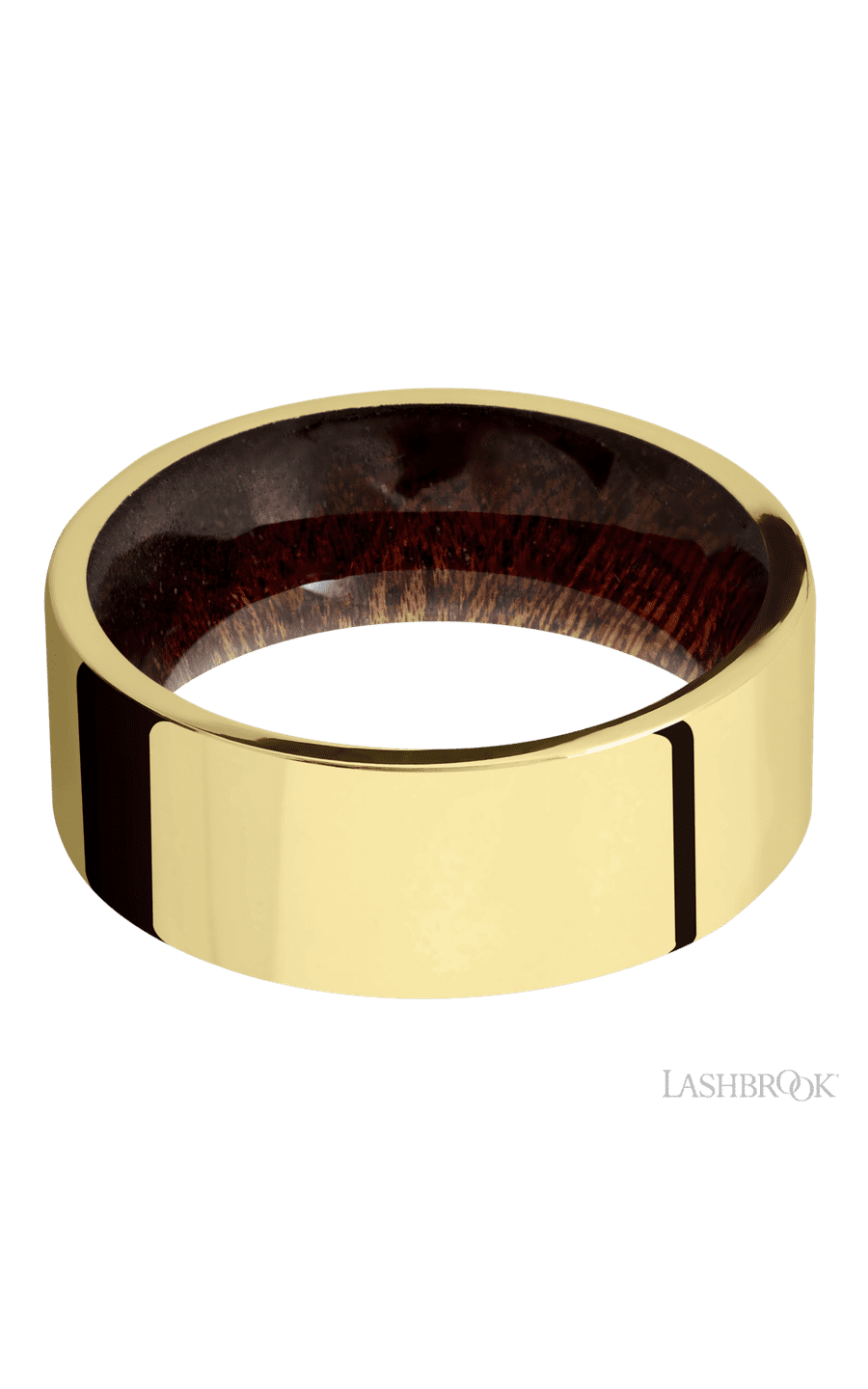 8 mm wide Flat 14K Yellow Gold band featuring a Sapele sleeve.