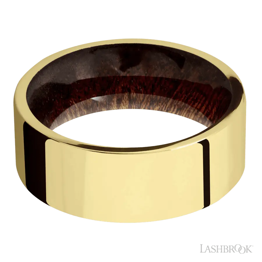 8 mm wide Flat 14K Yellow Gold band featuring a Sapele sleeve. Lashbrook