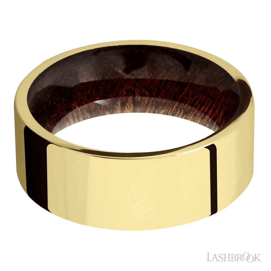 8 mm wide Flat 14K Yellow Gold band featuring a Sapele sleeve.