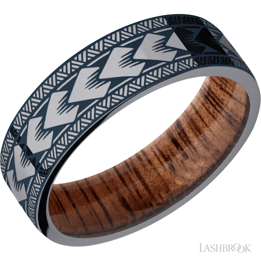 7 mm wide/Flat/Tantalum band with a laser carved Maori pattern also featuring a Koa sleeve.