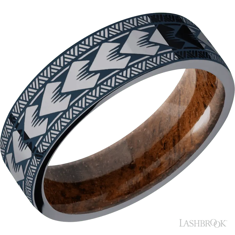 7 mm wide/Flat/Tantalum band with a laser carved Maori pattern also featuring a Koa sleeve. in Tantalum by Lashbrook | The Di