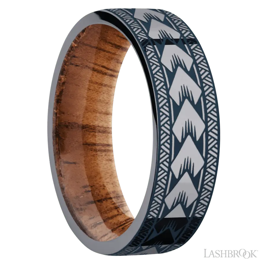 7 mm wide/Flat/Tantalum band with a laser carved Maori pattern also featuring a Koa sleeve.