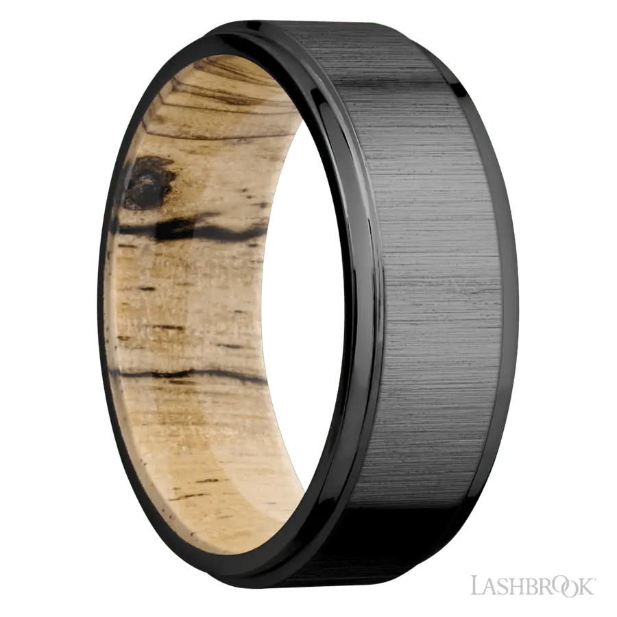 8 mm wide Flat Grooved Edges Zirconium band featuring a Spalted Tamarind sleeve.