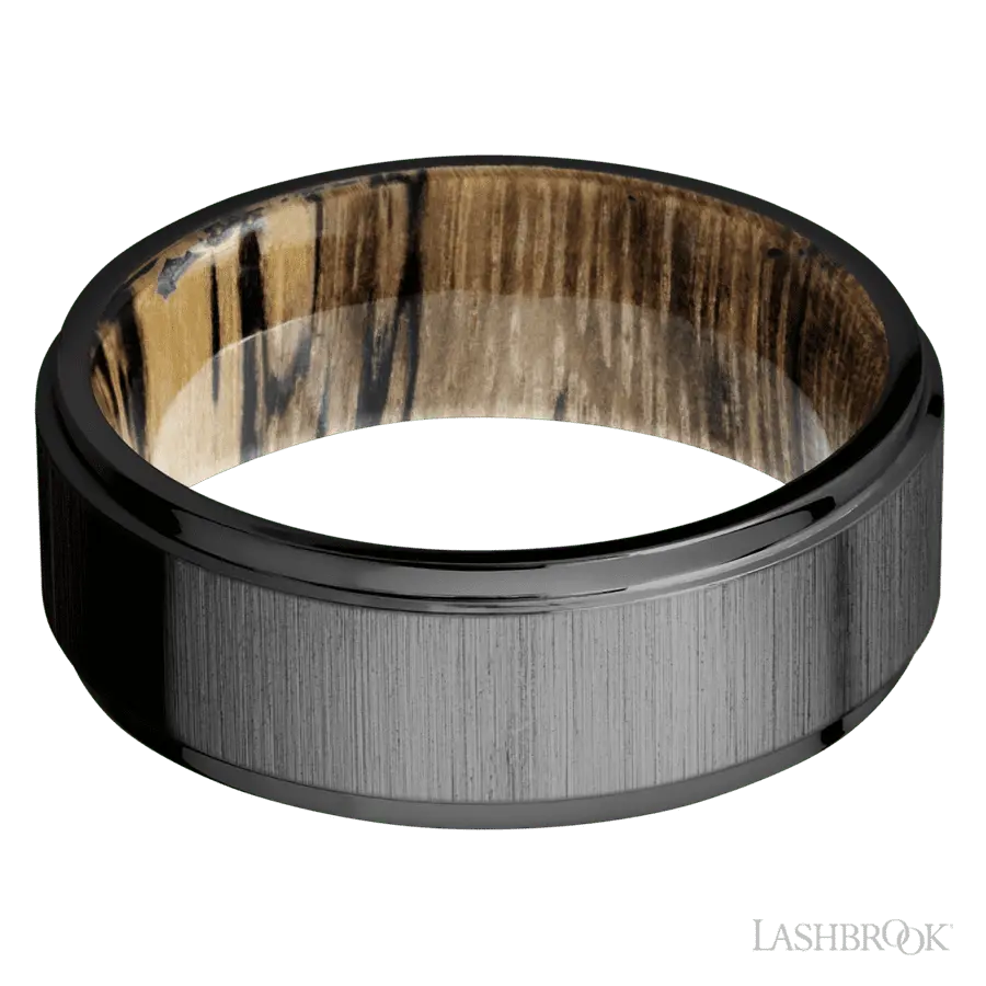 8 mm wide Flat Grooved Edges Zirconium band featuring a Spalted Tamarind sleeve.