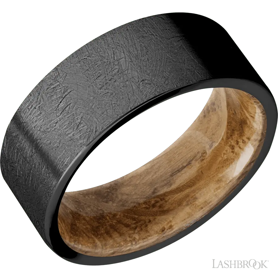 8 mm wide Flat Zirconium band featuring a Whiskey Barrel sleeve.