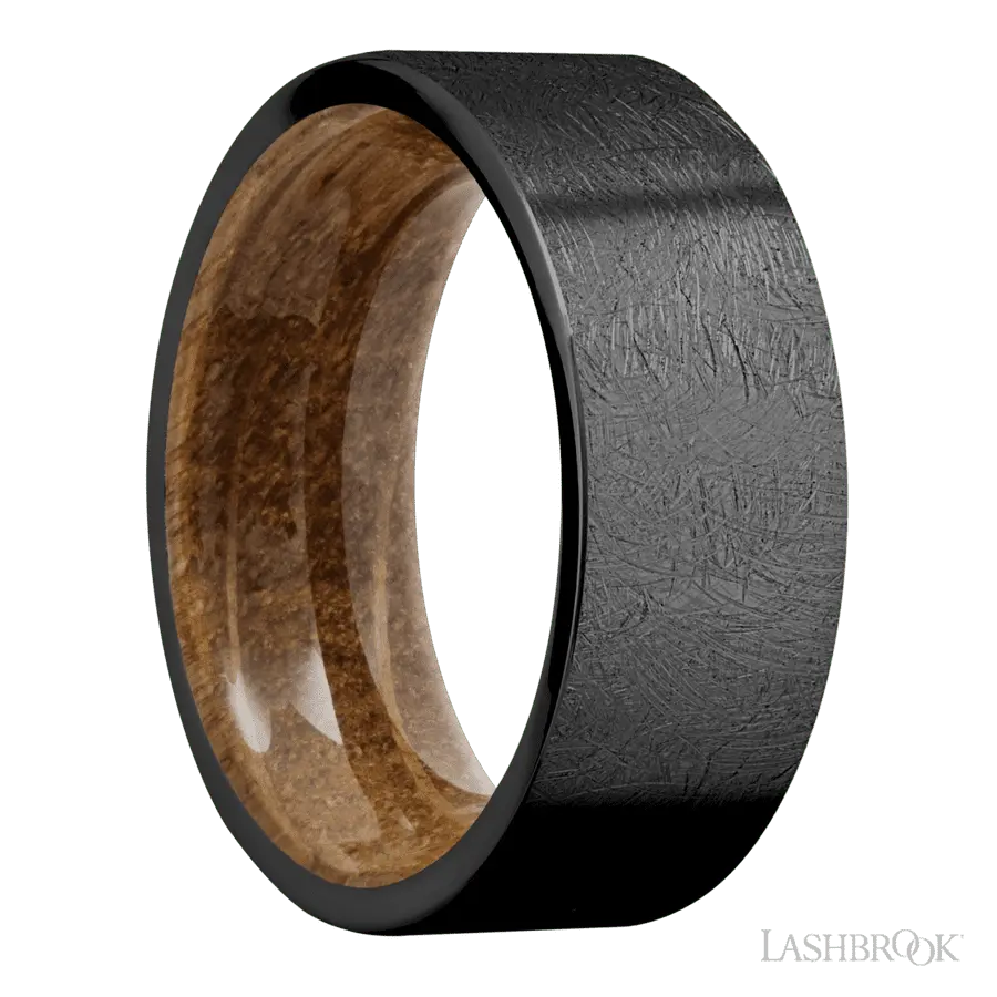 8 mm wide Flat Zirconium band featuring a Whiskey Barrel sleeve.