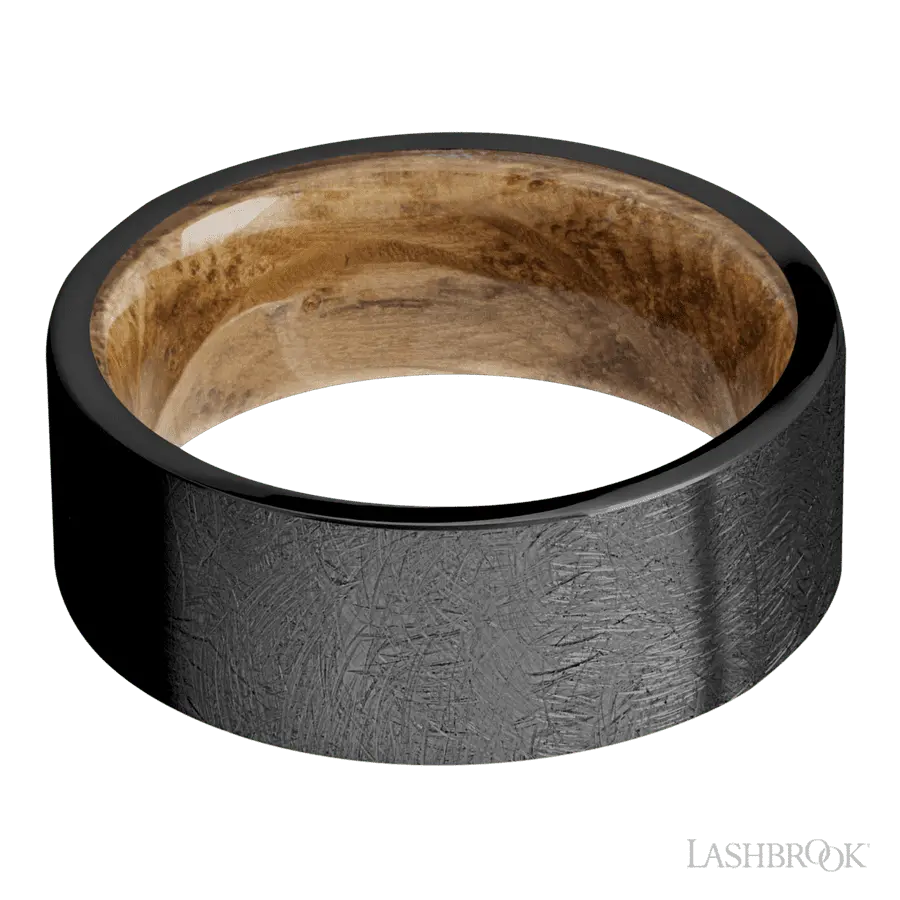 8 mm wide Flat Zirconium band featuring a Whiskey Barrel sleeve.